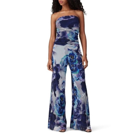 FUZZI Strapless Bandeau Blue Floral Mesh Jumpsuit in Blue Size SMALL - Picture 2 of 10